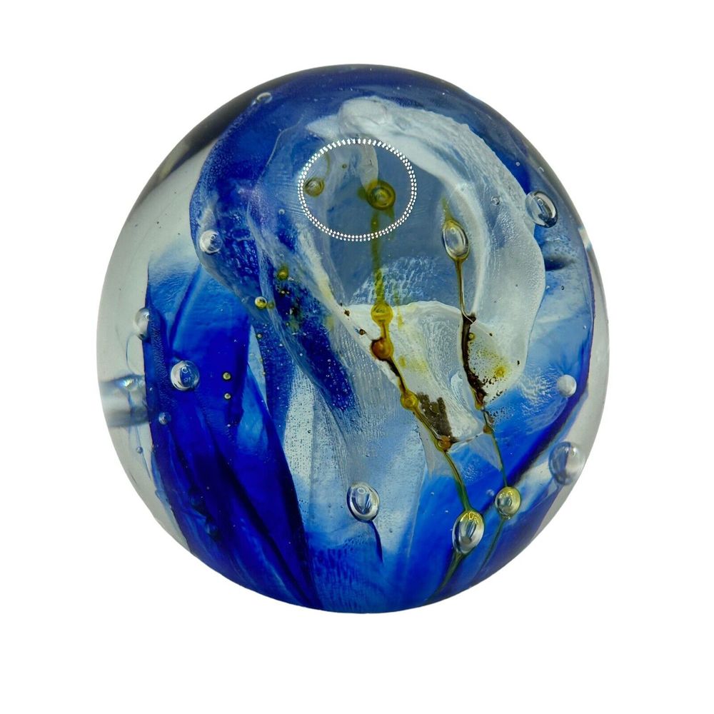 Kerry Glass Made in Ireland Paperweight 3 1/2'' Blue White Yellow Vintage